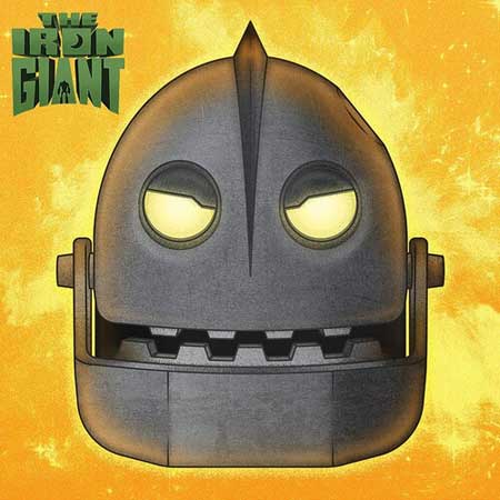 A close-up of the Iron Giant's face, showing his large, metallic head with glowing eyes and a wide, toothy grin. The background is a vibrant orange with sparks and stars, suggesting a fiery or energetic scene.